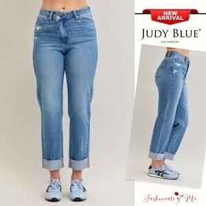 Judy Blue High Rise Criss Cross Waistband Distressed Medium Wash Boyfriend Jeans